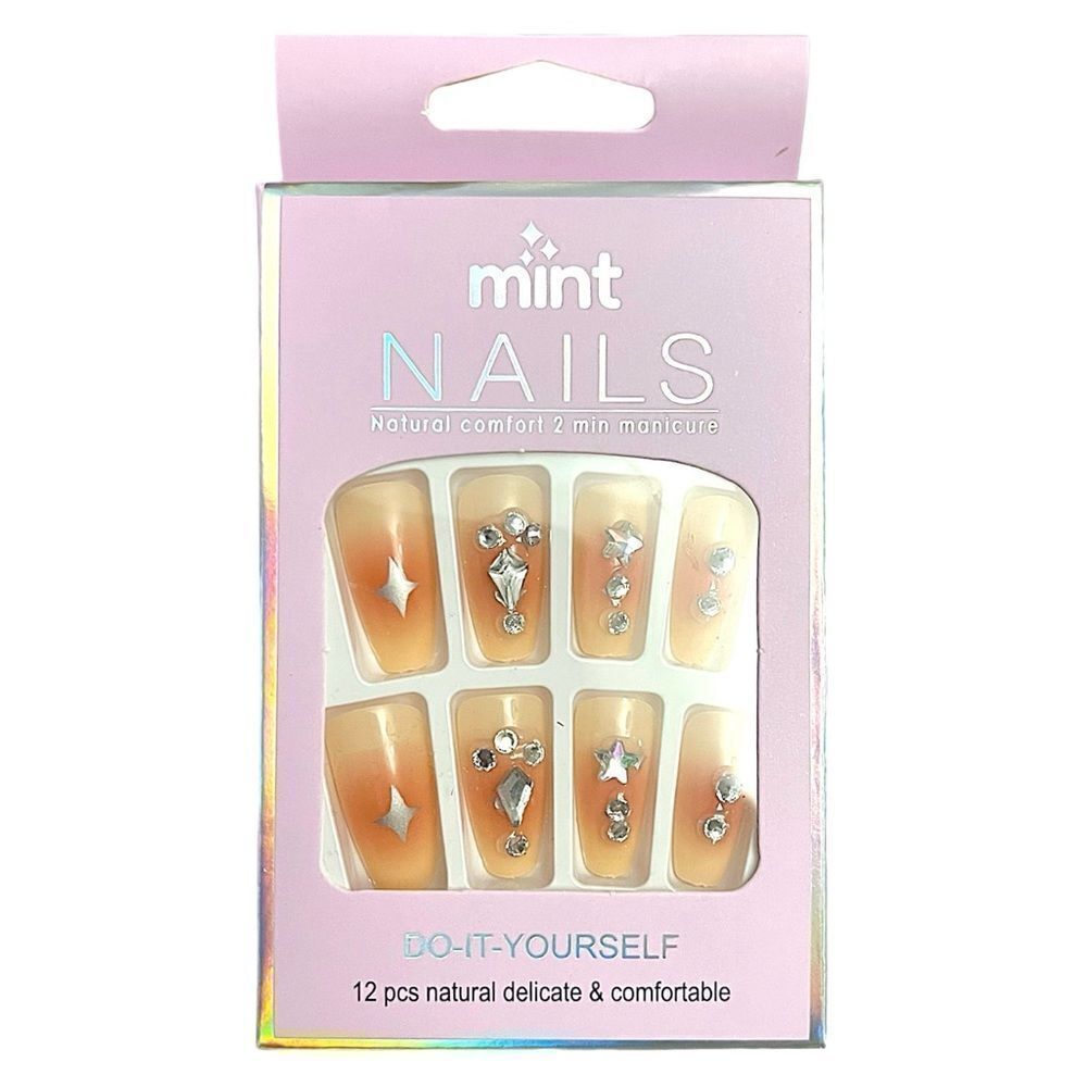 Press On Nails Beige And Pink With Rhinestones Coffin Shape